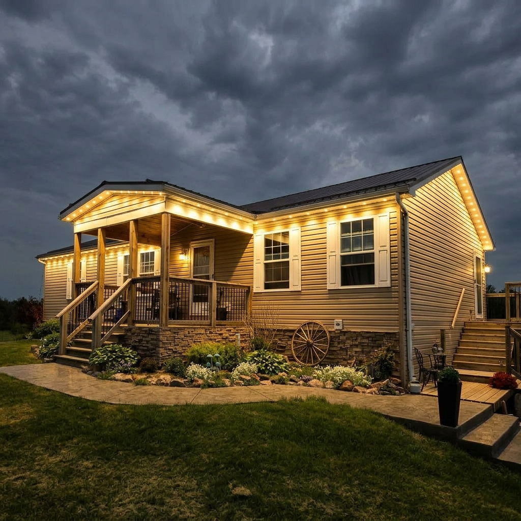 Warm white permanent LED roofline on an Ontario home