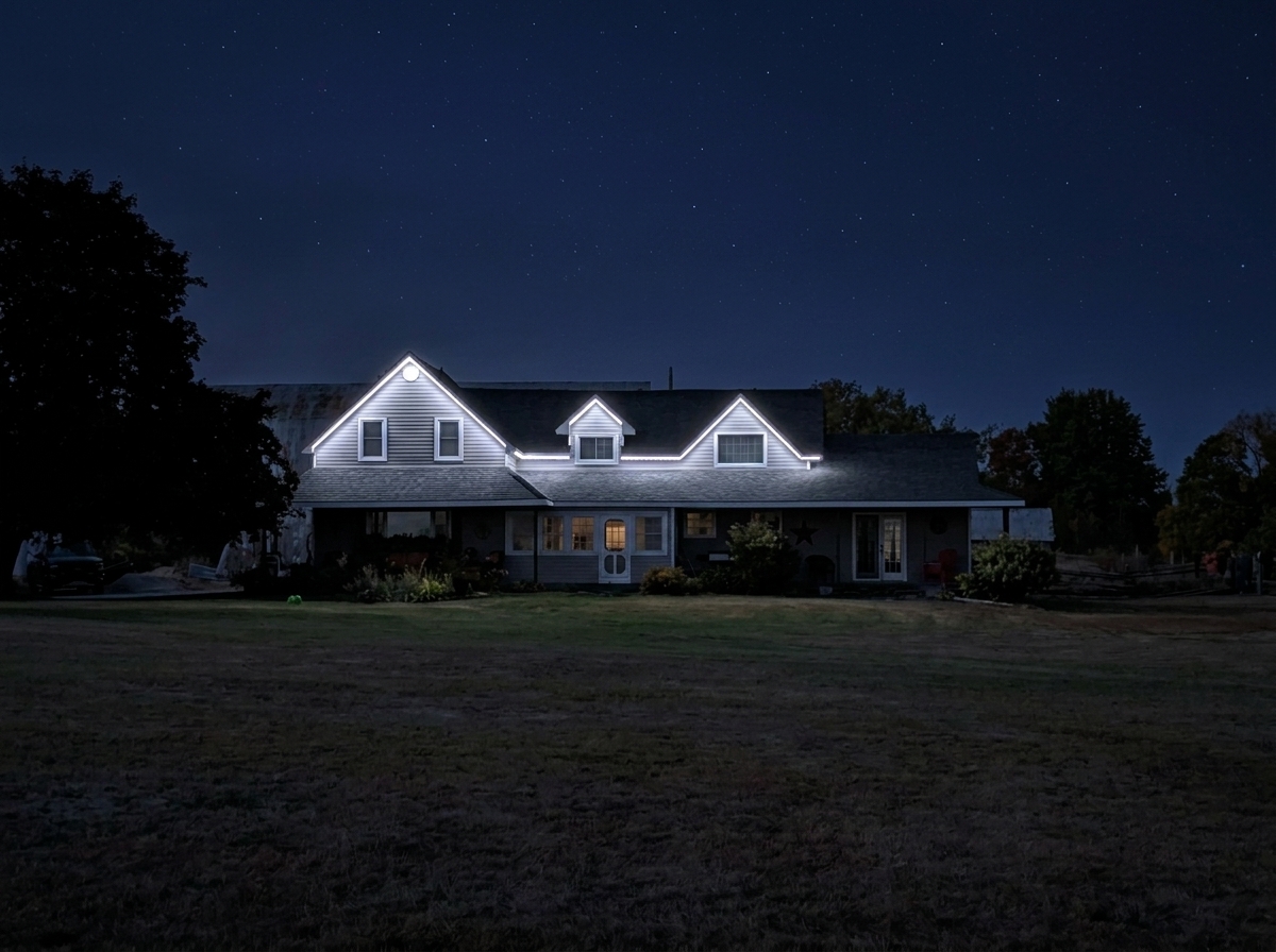 Permanent LED lights being installed along a roofline